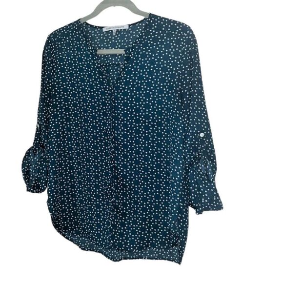 Collective Concepts Women's Green & White Polka Dot Blouse Roll-Tab Sleeve Small - Picture 3 of 9